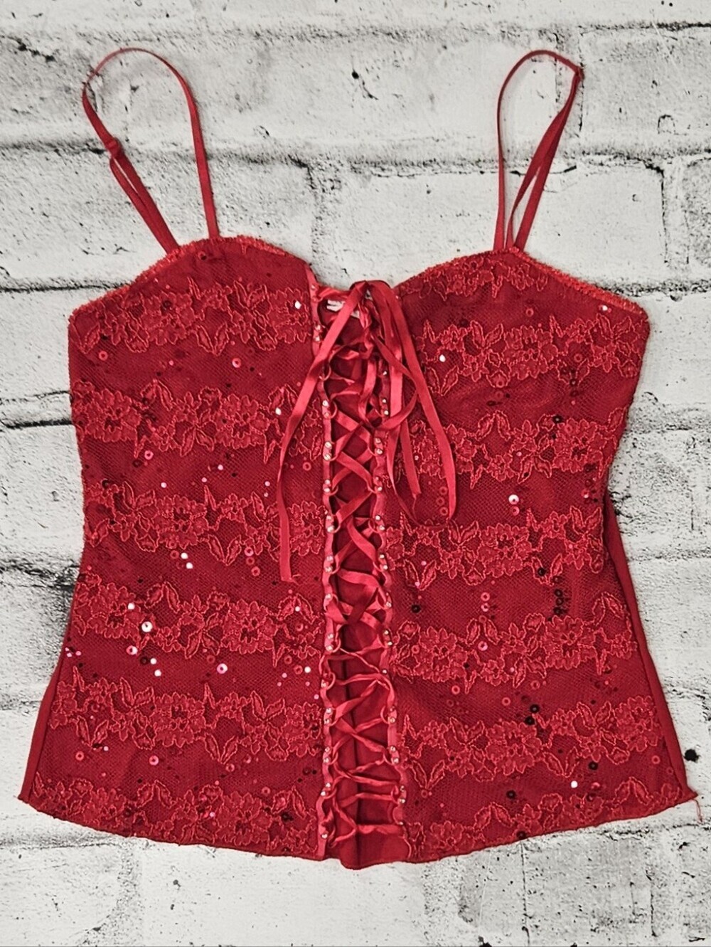 Cressong Red Sequin Lace Corset Cami Top Adjustable Straps Y2K